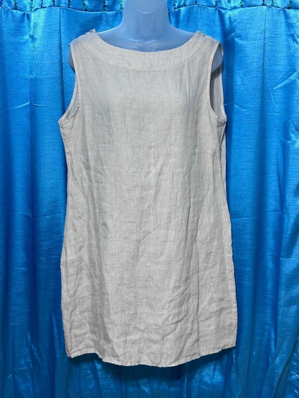 Bellambra Shift Dress Womens M Beige 100% Linen Crochet Lace Sleeveless Italy